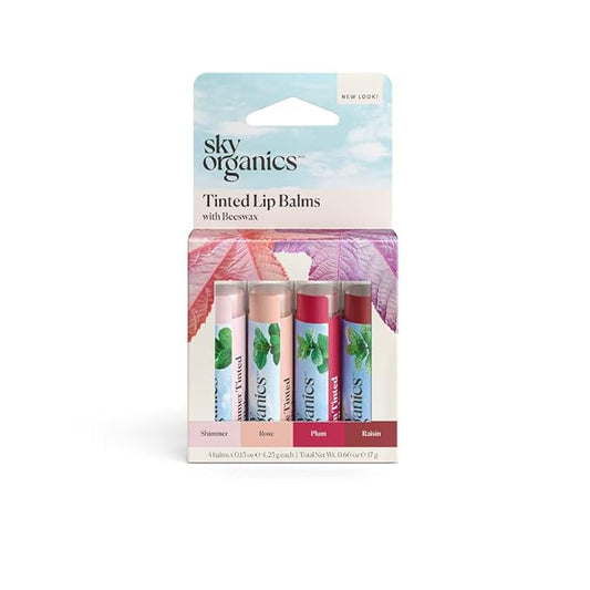 Sky Organics Tinted Lip Balms for Lips to Moisturize, Soften & Add A Wash of Color, Four Assorted Shades, 4pk.-Velvo Beauty