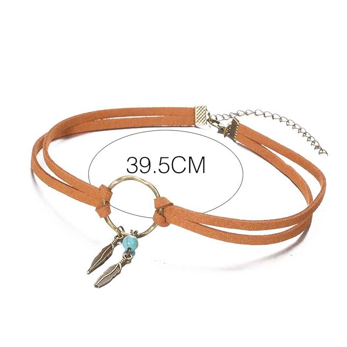 Boho Layered Suede Choker Necklace Tiny Leaf Pendant Necklace Chain Brown O Ring Leather Choker Necklace Turquoise Bead Necklace Chain Jewelry for Women and Girls-Velvo Beauty
