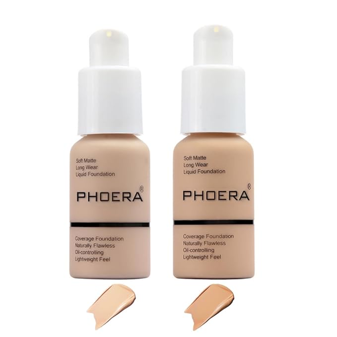 2 Pcs Phoera Foundation Makeup 102 and 104 Liquid Full Coverage 24HR Matte Oil Control Foundation Makeup Concealer (Nude & Buff Beige) with Kabuki Foundation Brush Flat Top-Velvo Beauty