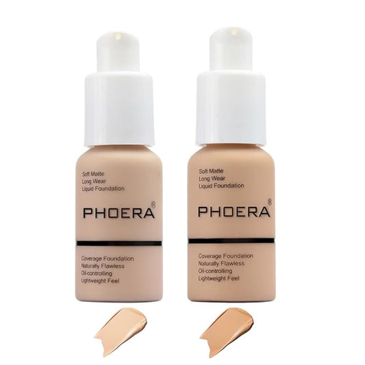 2 Pcs Phoera Foundation Makeup 102 and 104 Liquid Full Coverage 24HR Matte Oil Control Foundation Makeup Concealer (Nude & Buff Beige) with Kabuki Foundation Brush Flat Top-Velvo Beauty