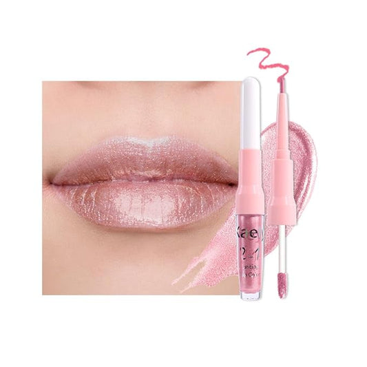 evpct Warm Pink Metallic Glitter Lip Liner and Lipstick Combo Set Long Lasting Waterproof, Metallic Shimmer Lip Gloss Stain Makeup for Women, Warm Pink Frosted Iridescent Glossy Liquid Lipstick 19-Velvo Beauty