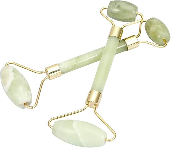 Rockcloud Natural Crystal Stone Roller Massager Double Neck Face & Neck Massage Therapy Anti-Aging Wrinkle Healing Slimming Skincare Tool, Xiuyan Jade-Velvo Beauty