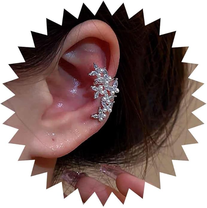 Vintage Crystal Pearl Ear Cuff Earrings Rhinestone Butterfly Cuff Wrap Earrings Cz Butterfly Ear Climber Cuff Earrings Silver Pearl Cz Non Piercing Earring Jewelry for Women(Left)-Velvo Beauty