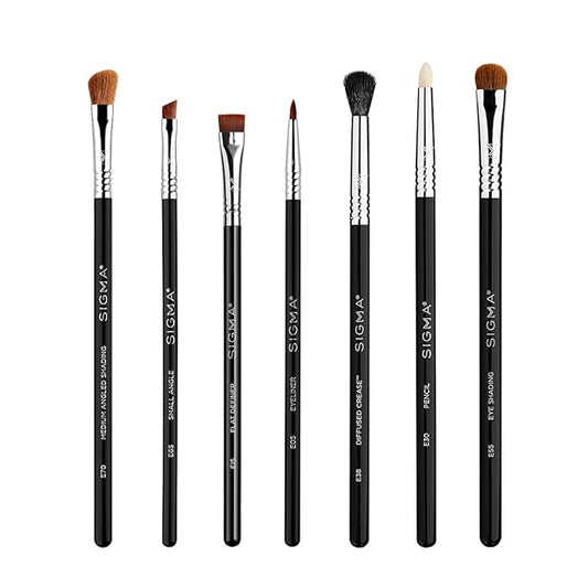 Sigma Beauty Basic Eye Makeup Brush Set – Classic Eye Makeup Brushes with Premium Fibers and Sleek, Durable Handles for Eyeliner, Eyeshadow, & Eyebrows, Includes 7 Black Makeup Brushes-Velvo Beauty