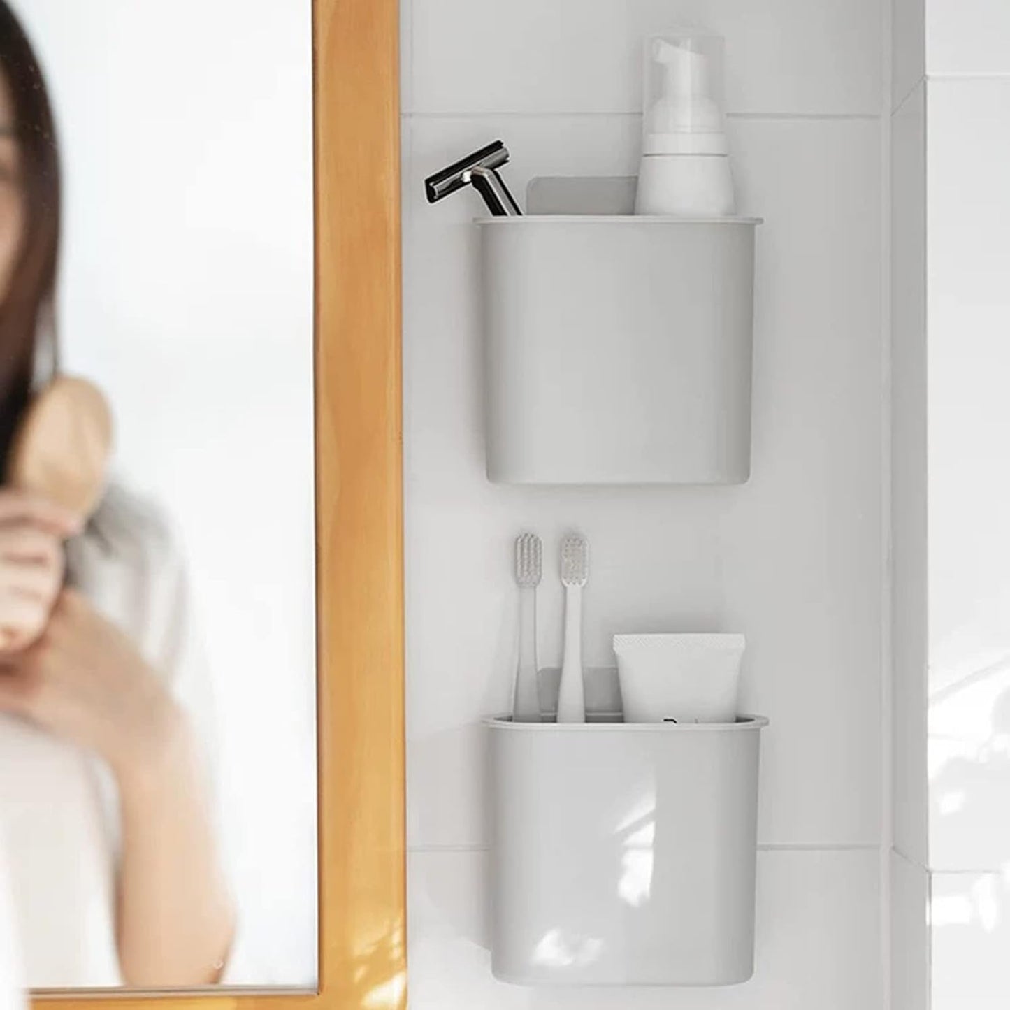 2 Packs Toothbrush Holders Wall Mounted, Self Adhesive Tooth Brush Holder for Bathroom Electric Toothbrush Toothpaste Razor Bathroom Accessories(Grey-Velvo Beauty