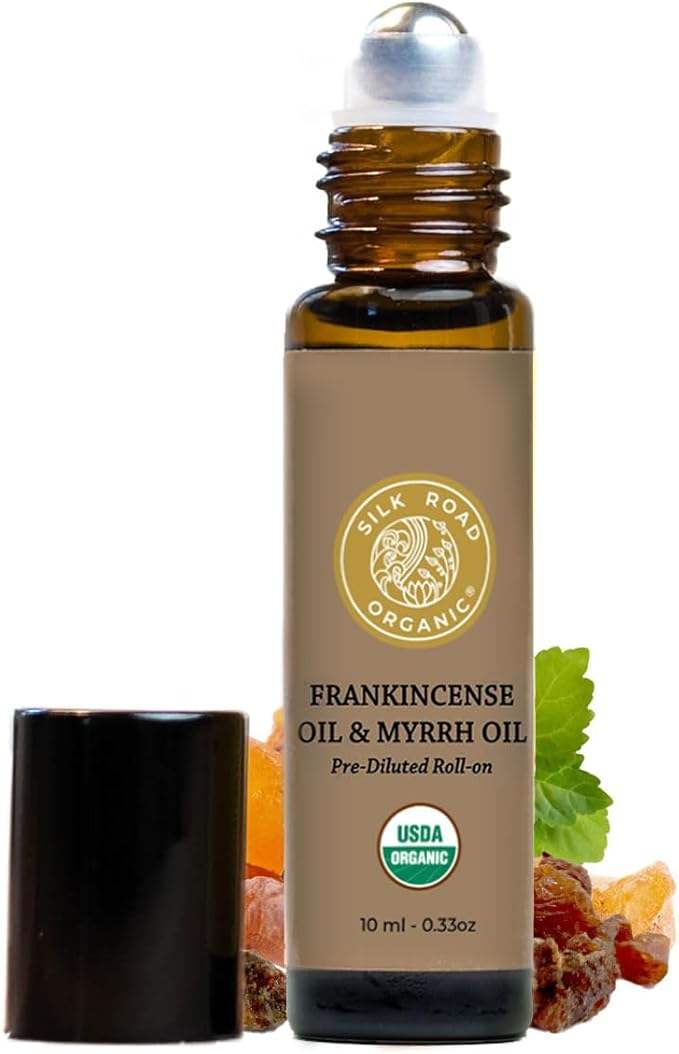 Silk Road Organic Frankincense Oil & Myrrh Essential Oil Roll On, 100% Pure USDA Certified Aromatherapy for Body Aches, Stiffness & Tingling, Stress Relief, & Skin - 10 ml Roller-Velvo Beauty