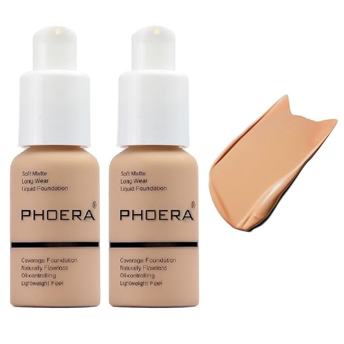 2 Pack PHOERA Foundation, 24HR Matte Oil Control Concealer, Full Coverage Foundation for Women Makeup.(104# Buff Beige)-Velvo Beauty