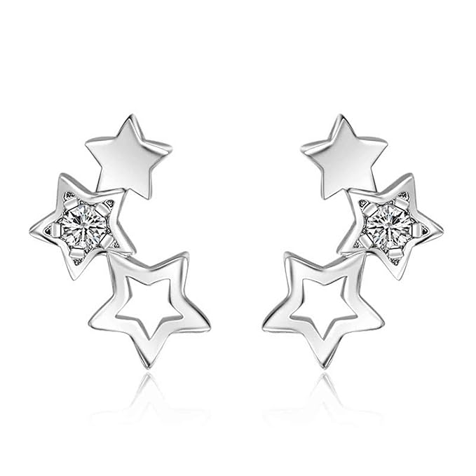 Boho Rhinestone Star Ear Climber Earrings Silver Cluster Star Earrings Minimal Crawler Earrings Vintage Studs Earrings Jewelry for Women and Girls-Velvo Beauty