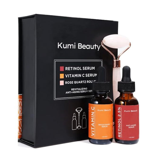 Kumi Beauty. K-Beauty Serums ~ 3 in 1 Gift Box ~ ||| Set: 2 Face Serums (Vitamin C + Retinol) + 1 Rose Quartz Roller.-Velvo Beauty