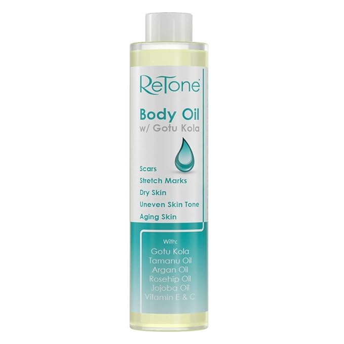 ReTone® Body Oil: Stretch Mark Prevention -Non-greasy finish - Infused with Gotu Kola - No mess dispenser - Tamanu oil + Argan Oil + Rosehip Oil + Jojoba Oil + Vitamin E C (dry skin, uneven skin tone)-Velvo Beauty