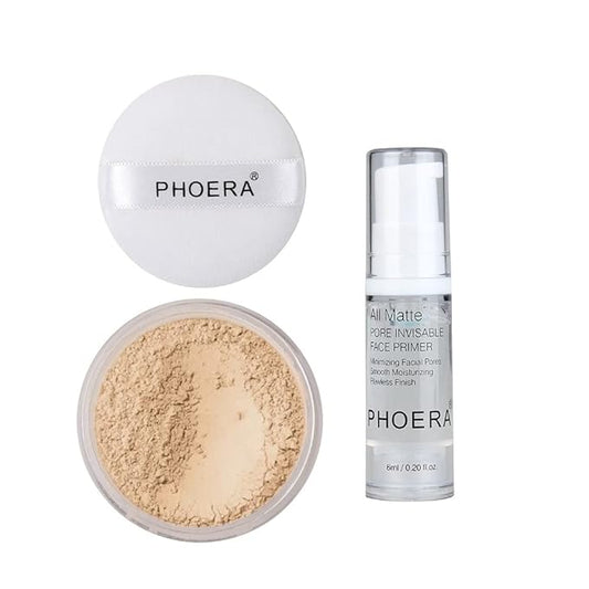 2 Pcs PHOERA Setting Powder and Face Primer, Control Oil Brighten Skin Color Cover Face Setting Loose Powder。 (02 Cool Beige + makeup primer)-Velvo Beauty