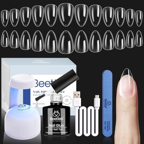 Beetles Gel Nail Kit, Short Almond Nail Tips Easy Extension Set 240 Pcs Pre Shaped Clear Full Cover Fake Nails Tips with 5 In 1 Nail Glue Uv Led Lamp DIY Manicure Gifts for Women-Velvo Beauty