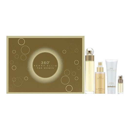 Perry Ellis 360 Women 3.4oz EDT Spray, 4oz Body Mist Spray, 3oz Shower Gel, 0.25oz EDT Spray 4 Pc Gift Set-Velvo Beauty