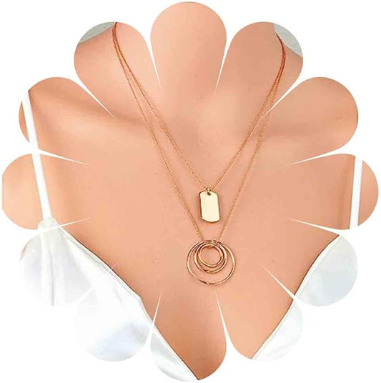 Vintage Layered Square Pendant Necklace Multi Circle Necklace Gold Square Choker Necklace Layer Circle Necklace Jewelry for Women-Velvo Beauty
