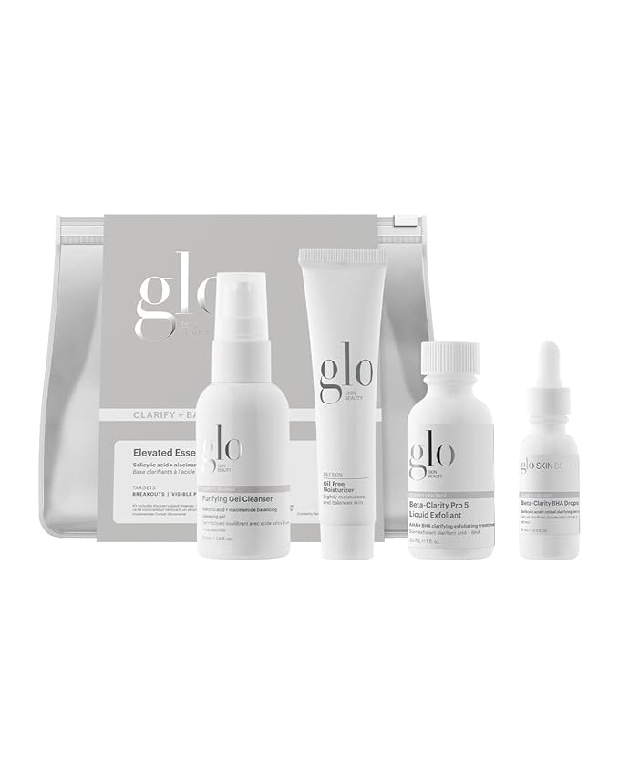 Glo Skin Beauty Clarify + Balance Skincare Set for Breakout Prone Skin - Mini Purifying Gel Cleanser, Mini Oil Free Moisturizer, Mini Beta-Clarity BHA Drops, Mini Beta-Clarity Pro 5 Liquid Exfoliant-Velvo Beauty