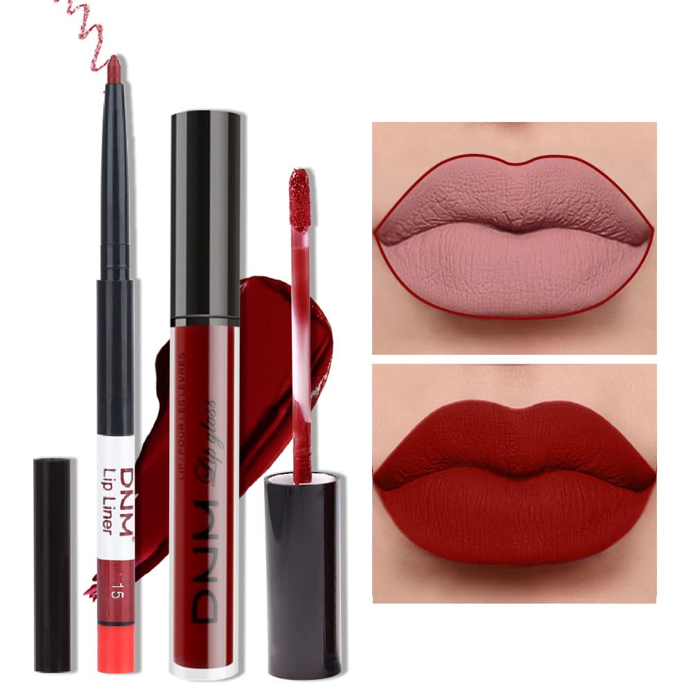 evpct 2Pcs Dark Red Maroon Matte Lipstick and Lip Liner Makeup Set for Women Dark Blood Red Liquid Matte Brown Lipstick Lip Liner Stain Long Lasting Waterproof Permanent Lipsticks 24 hours 15#-Velvo Beauty