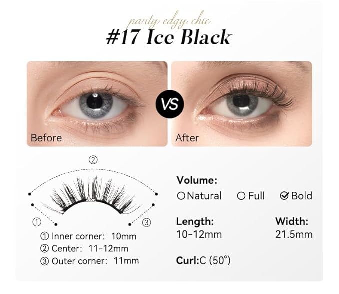 Magnetic Eyelashes with Applicator Kit, No.17 Ice Black, Reusable Magnetic Lashes without Eyeliner, Glue-free False Lashes, Waterproof, Lightweight, Suit for Heavy Makeup-Velvo Beauty