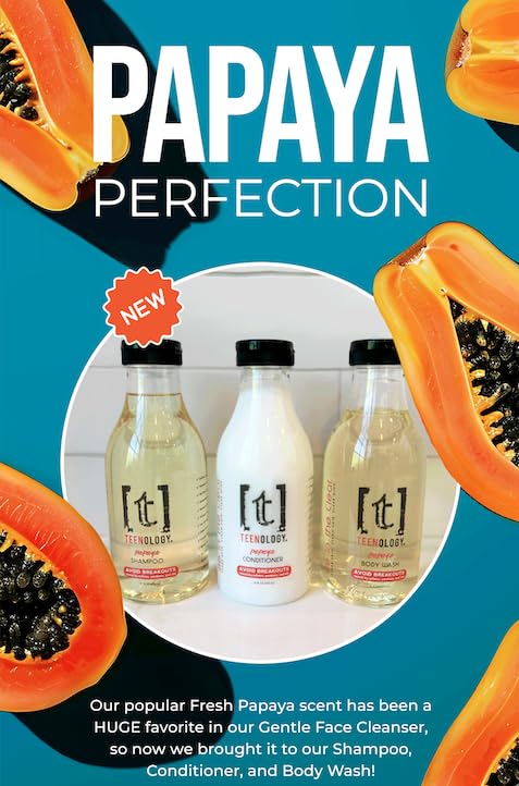 Teenology Shampoo for Teens - Avoid Forehead and Body Acne - No Sulfates or Parabens, Noncomedogenic, Natural Botanical Extracts, 16 oz. (Fresh Papaya)-Velvo Beauty