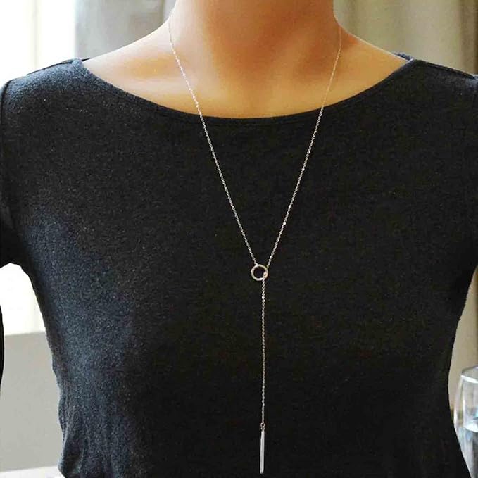 Boho Circle Bar Lariat Necklace Silver Drop Bar Y Necklace Open Circle Necklace Long Vertical Bar Necklace Chain Jewelry for Women and Girls Gifts-Velvo Beauty