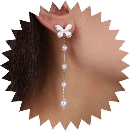 Vintage Butterfly Pearl Drop Earrings Gold Pearl Chain Earrings Long Pearl Tassel Earrings White Butterfly Stud Earrings Wedding Pearl Earrings Jewelry for Women-Velvo Beauty