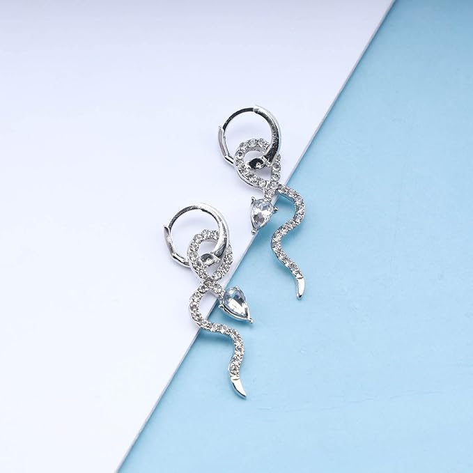 Gothic Crystal Snake Drop Earrings Silver Serpent Earrings Punk Snake Hoop Earrings Unusual Halloween Earrings Jewelry for Women and Girls-Velvo Beauty
