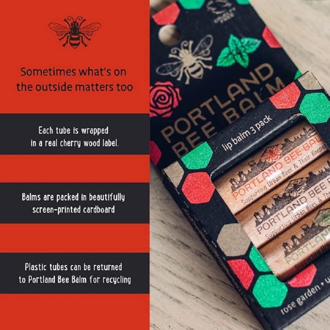 Portland Bee Balm All Natural Handmade Beeswax Based Lip Balm Unscented, Oregon Mint and Rose Assortment 3 Count-Velvo Beauty