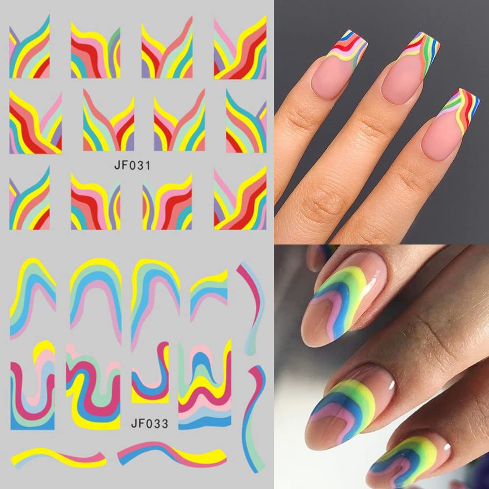 12 Sheets Colorful Stripes Nail Art Stickers Geometric Rainbow Wave Design Water Transfer Nail Decals for Nails Art Abstract French Pattern Acrylic Slider Nail Foils for Women Manicure Nail Decor-Velvo Beauty