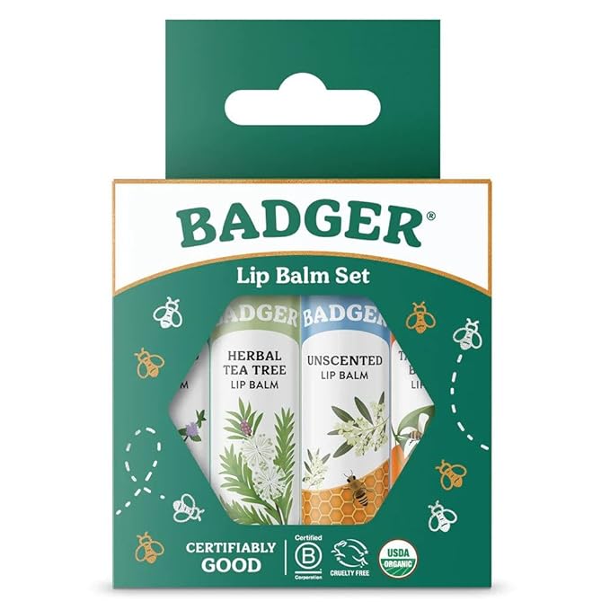 Badger - Classic Lip Balm Green Box, Made with Organic Olive Oil, Beeswax & Rosemary, Natural Lip Balm Variety Pack, Certified Organic, Moisturizing Lip Balm, 0.15 oz each - 4 pack-Velvo Beauty