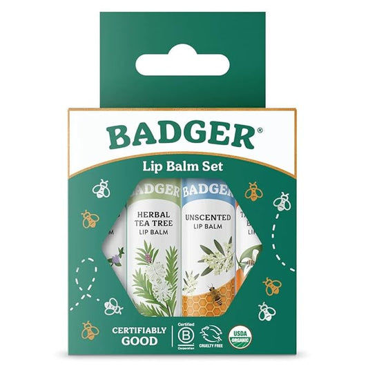 Badger - Classic Lip Balm Green Box, Made with Organic Olive Oil, Beeswax & Rosemary, Natural Lip Balm Variety Pack, Certified Organic, Moisturizing Lip Balm, 0.15 oz each - 4 pack-Velvo Beauty