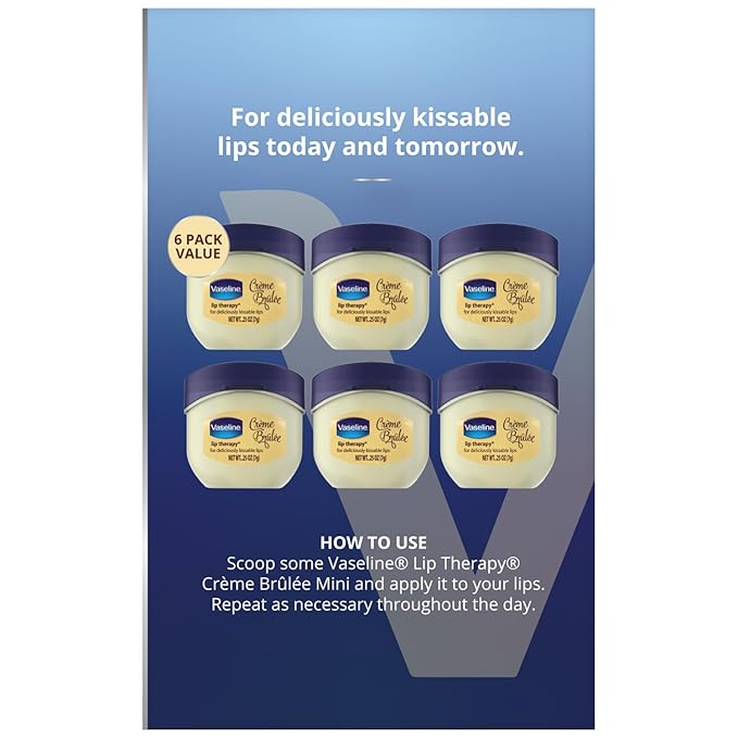 Vaseline Lip Therapy Creme Brulee Mini, White Petrolatum, Advanced Moisturizer, Relieves Dull and Dry Skin, Mini Vaseline Petroleum Jelly, Soft & Smooth Vaseline Lips (Pack of 6-0.25 Oz Ea) -Velvo Beauty