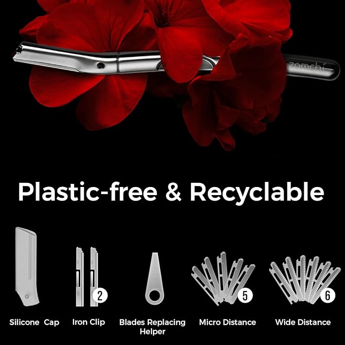 ZOMCHI Eyebrow Razor and Face Razor for Women and Men, Reusable Metal Handle with 11 Refill Blades, Dermaplane Razor with Protective Silicone Cap, Eyebrow Hair Trimmer - Polished Silver-Velvo Beauty