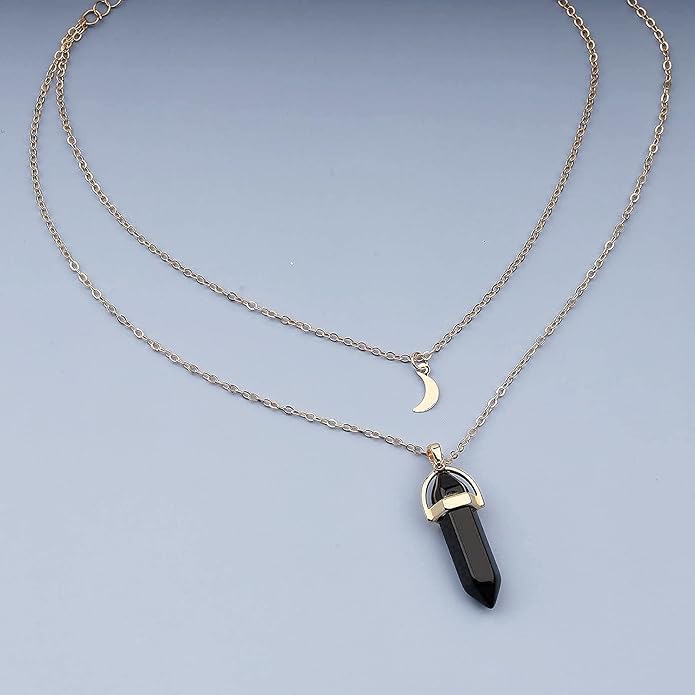 Boho Layered Moonstone Necklace Chain Gold Moon Pendant Necklace Black Hexagonal Stone Necklace Jewelry for Women-Velvo Beauty