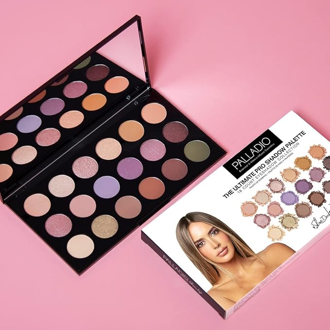 Palladio Ultimate Pro Eyeshadow Makeup Palette with Mirror, 18 High-Pigmented Powder Colors, Matte, Shimmer, Metallic, Satin Finishes, SHANNON DE LIMA-Velvo Beauty