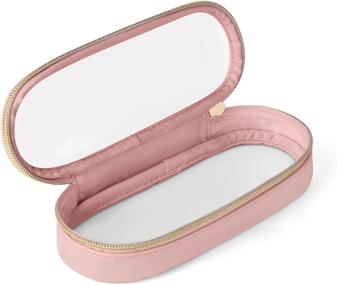 Clear Travel Makeup Brush Holder, Leather Makeup Brush Toiletry Bag, Portable Cosmetic Brush Case, Transparent Waterproof Makeup Brush Storage Bag, Pink, Large-Velvo Beauty