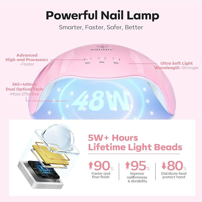 Modelones Poly Nail Gel Kit, 6 Colors Poly Extension Gel Clear Pink White with 48W U V/LED Lamp 3D Nail Charms Builder Slip Solution Complete Toe Manicure Supplies Tools for Starter-Velvo Beauty