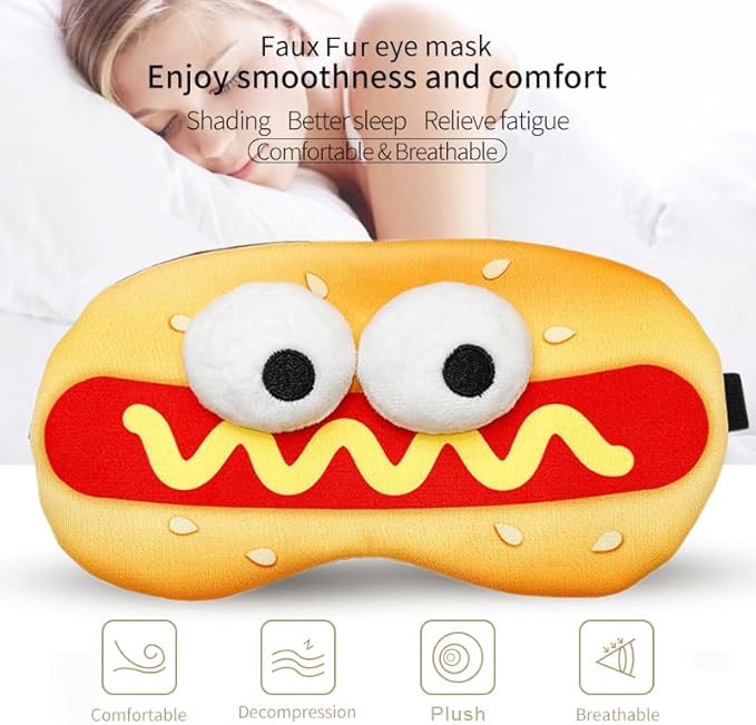 PERFECTSIGHT Sleep Eye Masks, Cute Plush Sleep Eye Cover Lightweight Adjustable Eyeshade Faux Fur Mask Cover for Women Men Sleep Travel Nap (Hotdog)-Velvo Beauty