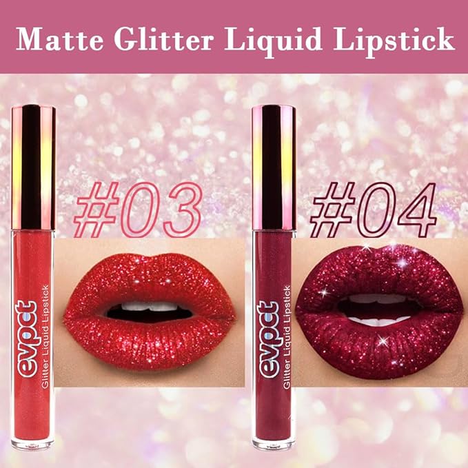 evpct 2Pcs Red Glitter Metallic Shimmer Diamond Lipstick Lip Gloss Stain Set for Women Long Lasting Waterproof, Dark Hot Bright Red Sparkle Glitter Matte long wear Liquid Lipstick Lip Makeup Kit-Velvo Beauty