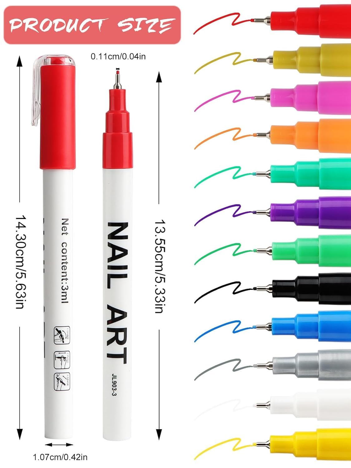 12 Color 3D Nail Art Pens Set, Kalolary 0.5MM Nail Pens Nail Point Graffiti Dotting Pen Drawing Painting Liner Brush for DIY Nail Art Beauty Adorn Manicure Tools-Velvo Beauty