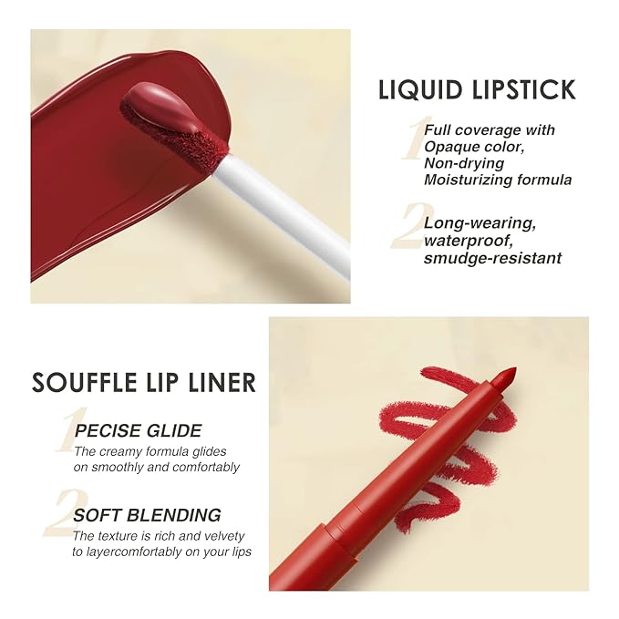 BestLand 6Pcs Matte Liquid Lipstick + Lip Liner Pens Set, One Step Lips Makeup Kits Pigment Velvety Nude Lip Stain Waterproof Long Wear Lip Gloss Make up Gift Set (Classic Allure Set)-Velvo Beauty