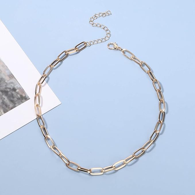Punk Paper Link Choker Necklace Gold Paperclip Chain Necklace Choker Open Link Chain Necklace Trendy Chain Necklace Jewelry for Women and Girls-Velvo Beauty