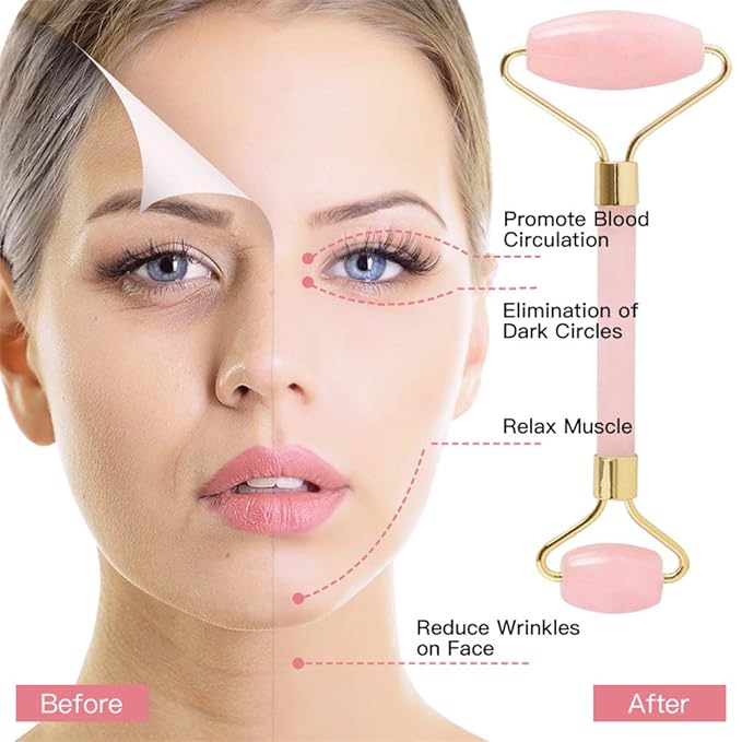 Jade Roller,Rose Quartz Roller for Face,Jade Skincare Tool,Jade Facial Roller,Eye Roller Anti Aging Jade Massager Roller Slimming Healing Chakra Tool A-Rose Quartz (Golden)-Velvo Beauty