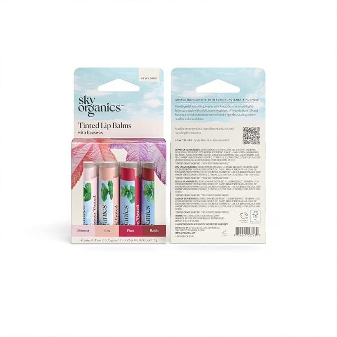 Sky Organics Tinted Lip Balms for Lips to Moisturize, Soften & Add A Wash of Color, Four Assorted Shades, 4pk.-Velvo Beauty