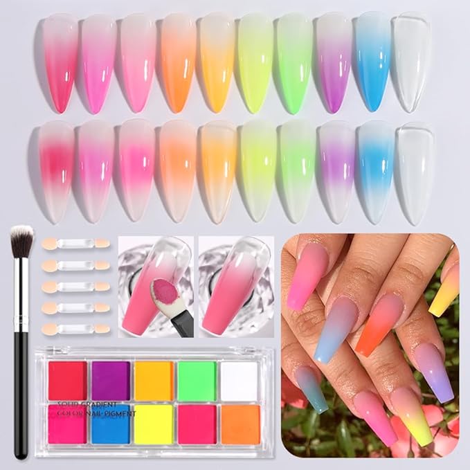 Neon Phosphor Nail Powder Set - 10 Colors, Fluorescent Glitter Gradient, Iridescent Rubbing Dust, Ombre Brush for DIY Nail Art-Velvo Beauty