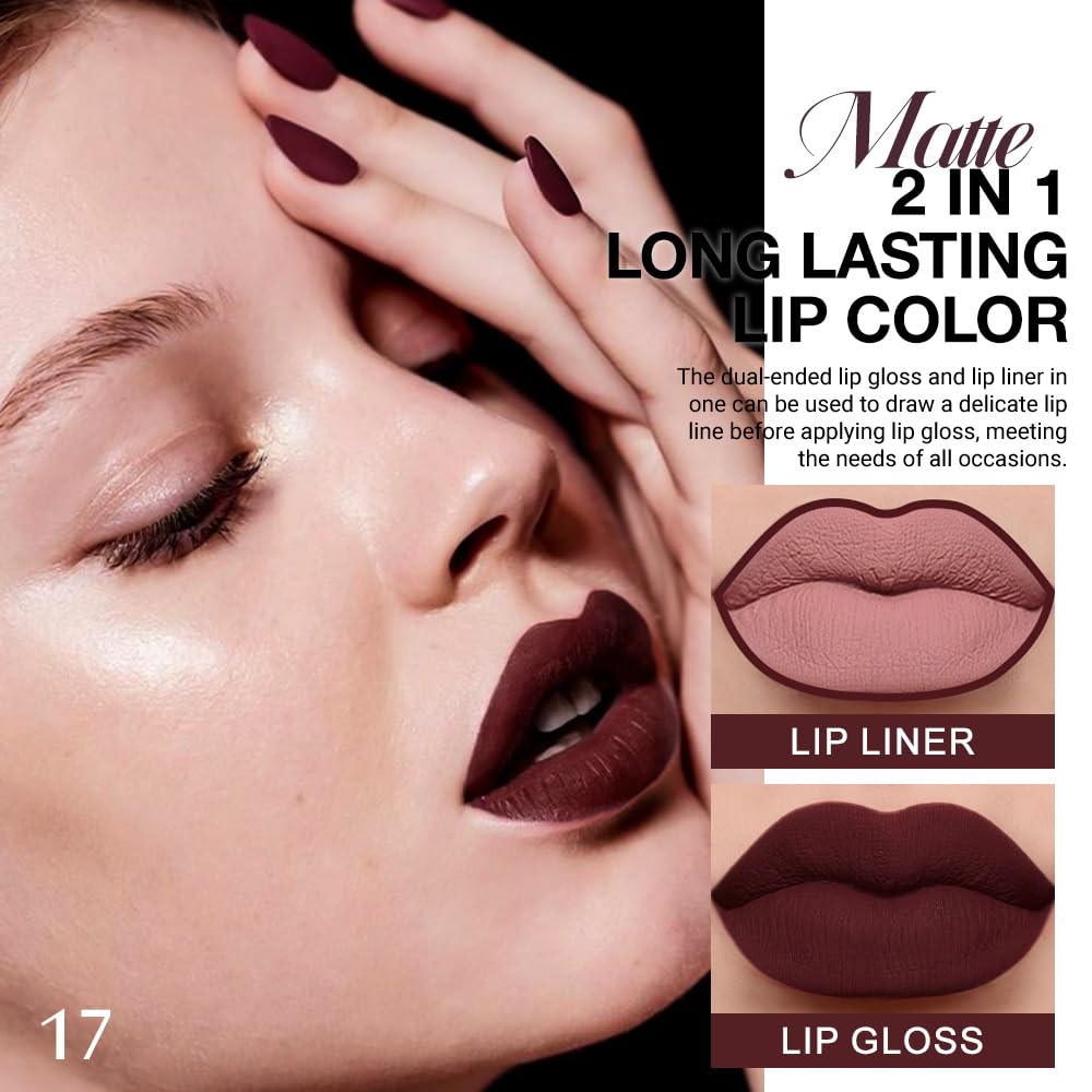 evpct 1Pcs Dark Deep Red Matte Lip Liner and Liquid Lipstick Stain Makeup Set for women, Red Long Lasting Smudge Proof Lipstick labiales matte mate larga duracion listip 24 hours originales,17#-Velvo Beauty