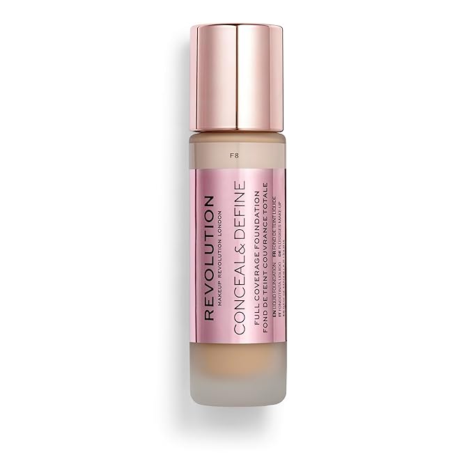 Revolution Beauty, Conceal & Define Foundation, Full Coverage, Long-Lasting Matte Finish, Vegan & Cruelty Free, F8 Light to Medium Skin Tones, 0.8 Fl.Oz.-Velvo Beauty