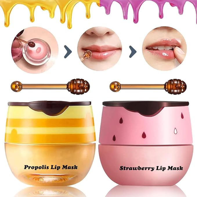 3Pcs Honey Lip Balm Honey Pot, Strawberry& Apple Lime Lip Mask Overnight Propolis Moisturizing Lip Balm Hydrating Prevention Dry and Crack Lip Scrubs Exfoliator, Beeswax with Vitamin E-Velvo Beauty
