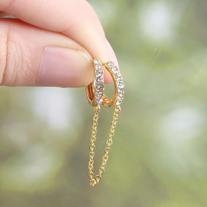 Boho Double Chain Hoop Earrings Gold Cz Hoop Chain Earrings Punk Dangle Chain Earrings Rhinestone Huggies Studs Earrings Jewelry for Women and Girls Gifts-Velvo Beauty