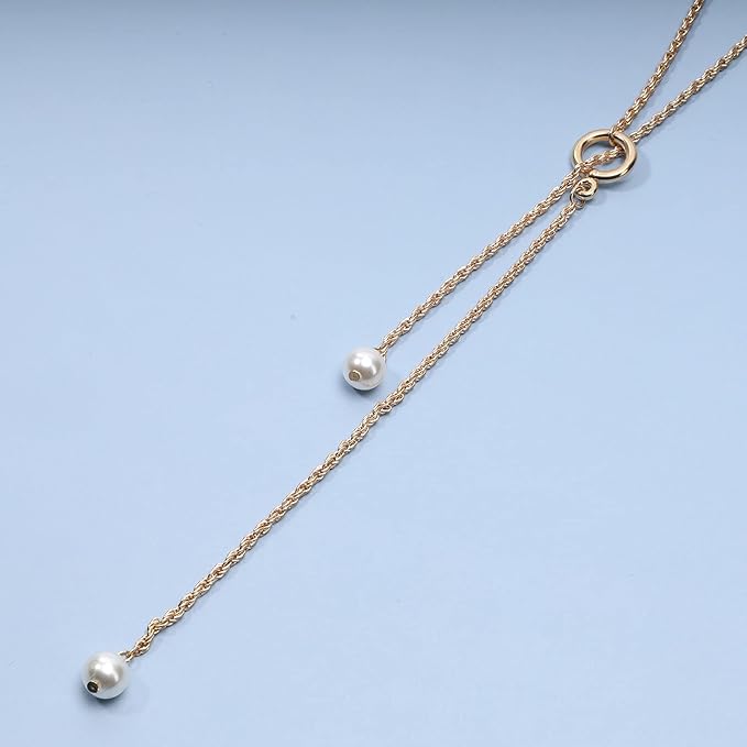 Boho Pearl Lariat Necklace Gold Chunky Chain Y Necklace Pearl Tassel Necklace Long Necklaces for Women and Girls Prom Bridal Necklace Jewelry-Velvo Beauty