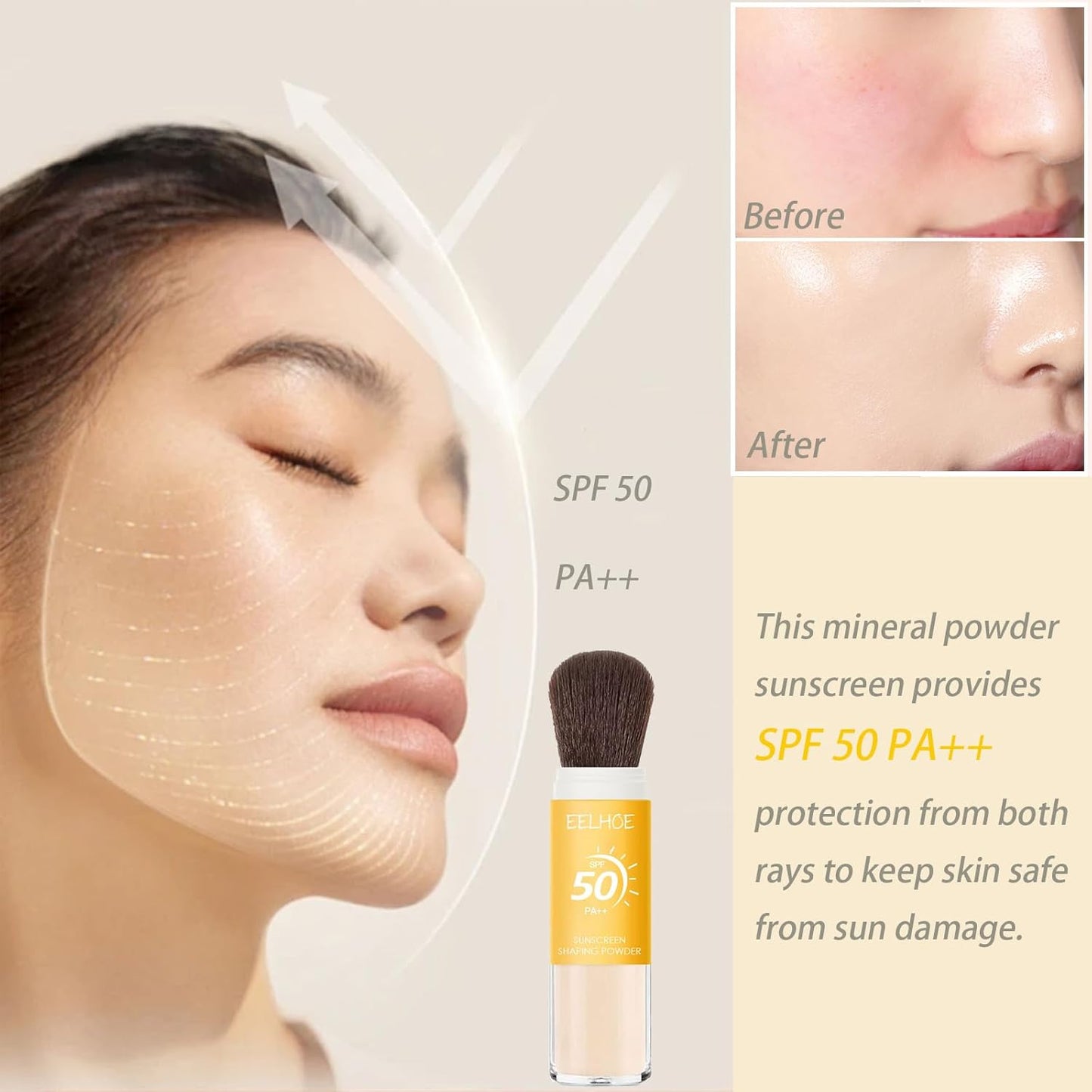 Mineral Sunscreen Setting Powder, SPF 50 PA++ Powder Sunscreen for Face, Oil Control Lightweight Breathable Translucent Concealer Brush Face Powder for All Skin-Velvo Beauty