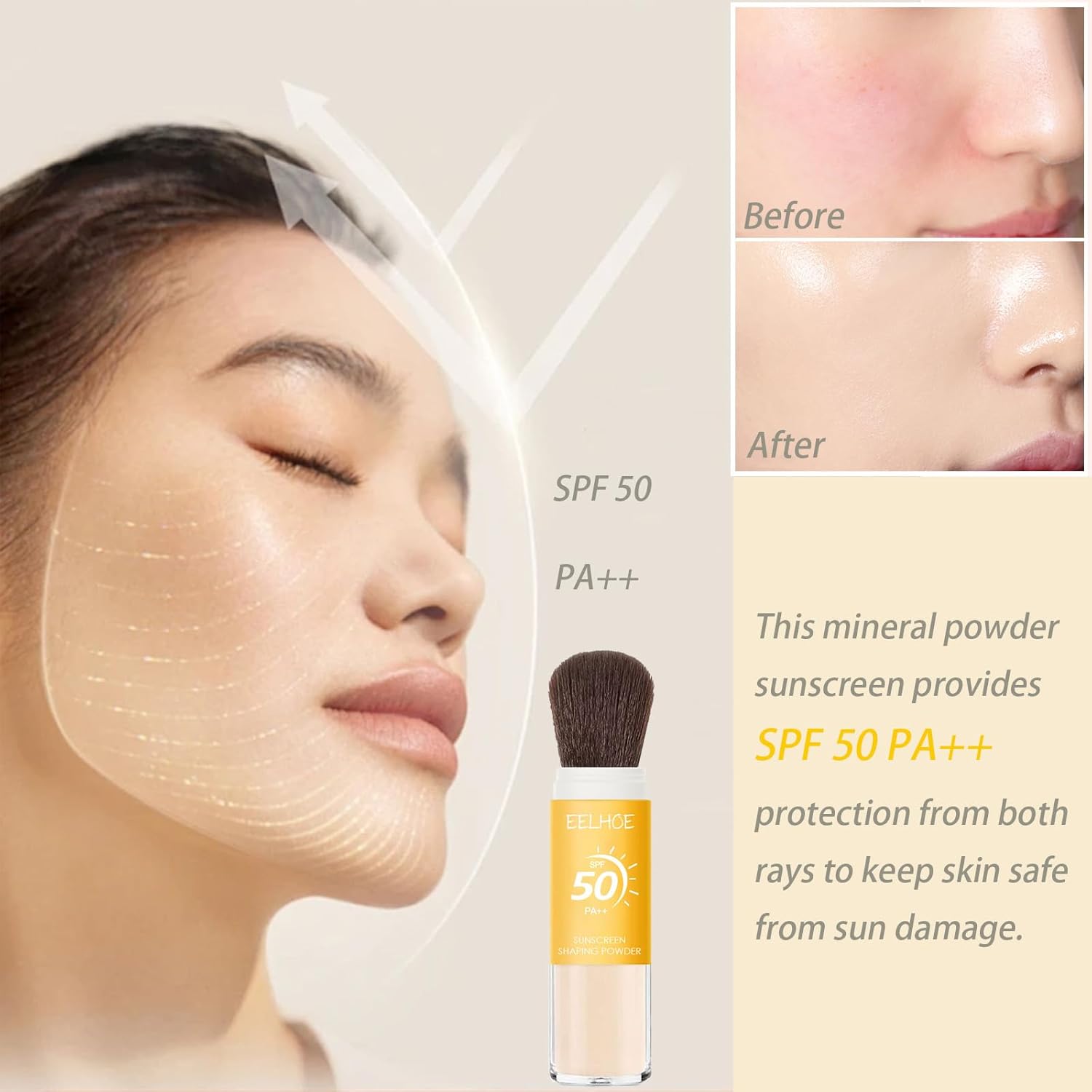 Mineral Sunscreen Setting Powder, SPF 50 PA++ Powder Sunscreen for Face, Oil Control Lightweight Breathable Translucent Concealer Brush Face Powder for All Skin-Velvo Beauty